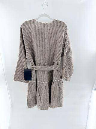 NWT Tuckernuck Tobi Linen Stripe Bell Sleeve Tiered Mini Dress Brown Women's L