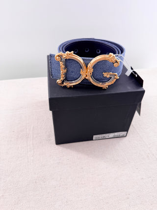 Dolce and Gabbana denim belt with ornate baroque DG logo buckle, 95 cm / 38 inches