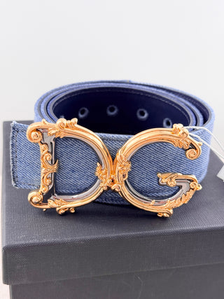 Dolce and Gabbana denim belt with ornate baroque DG logo buckle, 95 cm / 38 inches