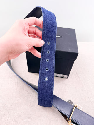 Dolce and Gabbana denim belt with ornate baroque DG logo buckle, 95 cm / 38 inches