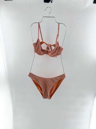 Monday swimwear luxe, feminine set featuring underwire balconette style top with adjustable straps and matching mid-rise, high cut bottom, L