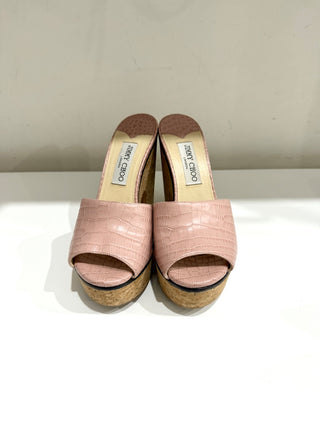 Jimmy Choo Deedee 125 Platform Sandals Pink Croc-Embossed Leatherr EU 38.5
