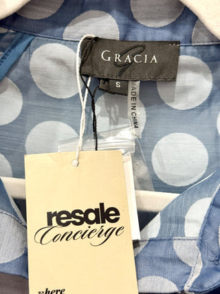 NWT Gracia Sheer Polka Dot 3/4 Puff Sleeve Button Up Blouse Blue Women's Size S