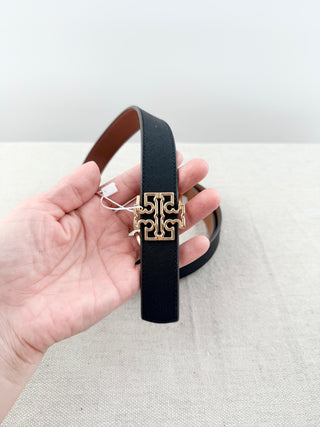 Tory Burch leather belt reversible with logo buckle, 34 / M