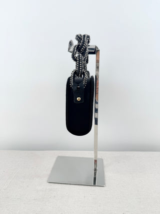 serena uziyel satin clutch featuring statement crystal-beaded top handle with chain-link inspired detailing
