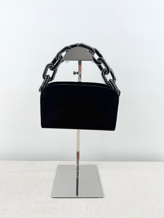serena uziyel satin clutch featuring statement crystal-beaded top handle with chain-link inspired detailing