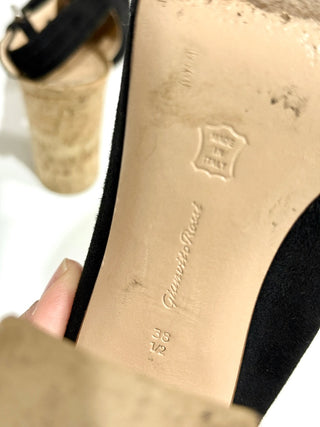 Gianvito Rossi Sierra Suede Cork Block Heel Slingback Sandal Black Women EU 38.5