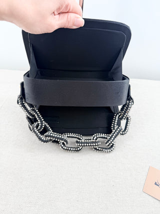 serena uziyel satin clutch featuring statement crystal-beaded top handle with chain-link inspired detailing