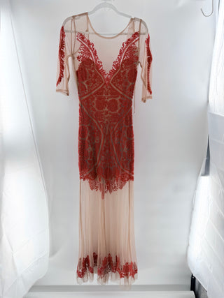 For Love & Lemons Sheer Mesh Lotus Cocktail Maxi Dress Red Nude Women's Small
