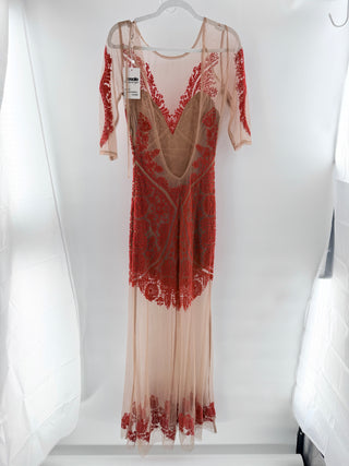 For Love & Lemons Sheer Mesh Lotus Cocktail Maxi Dress Red Nude Women's Small