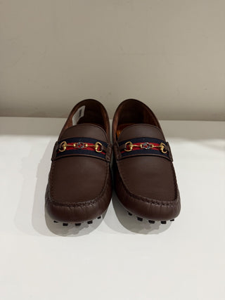NWOT Gucci Ayrton Webbing-Trim Horsebit Leather Driving Loafers Brown Mens US 12