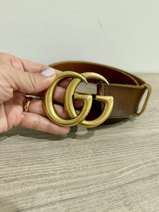 Gucci Vintage Leather GG Marmont Gold Buckle Belt Brown Women's Size 80