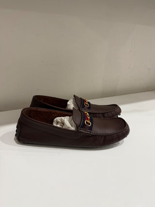 NWOT Gucci Ayrton Webbing-Trim Horsebit Leather Driving Loafers Brown Mens US 12