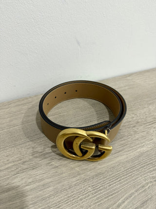 Gucci Leather Wide GG Marmont Gold Buckle Belt Tan Women's Size 75