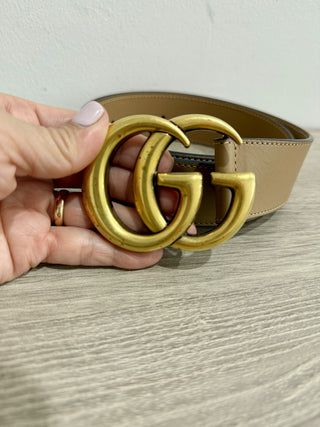 Gucci Leather Wide GG Marmont Gold Buckle Belt Tan Women's Size 75