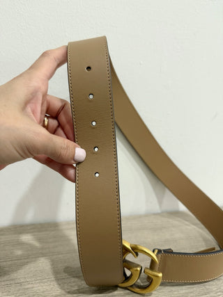 Gucci Leather Wide GG Marmont Gold Buckle Belt Tan Women's Size 75