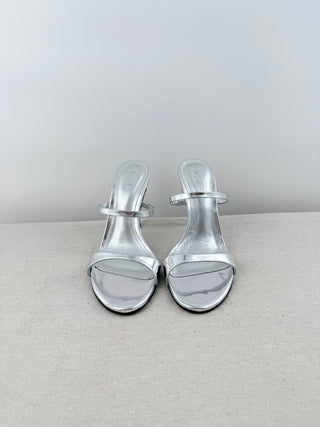NWOT Schutz Jessica Metallic Leather Stiletto Mule Sandals Silver Women's Size 9