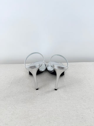 NWOT Schutz Jessica Metallic Leather Stiletto Mule Sandals Silver Women's Size 9