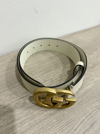 Gucci Leather Wide GG Marmont Gold Buckle Belt White Women's Size 80