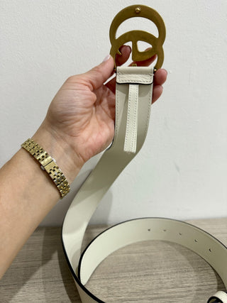 Gucci Leather Wide GG Marmont Gold Buckle Belt White Women's Size 80
