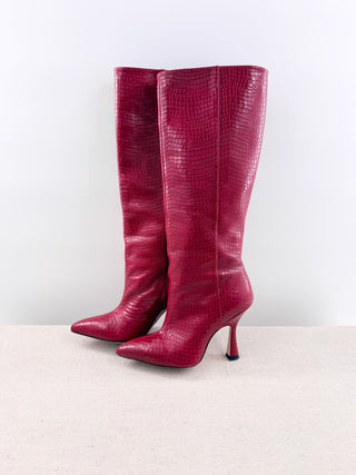 Stuart Weitzman Parton Textured Leather Knee High Heeled Boots Red Women's US 6