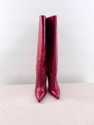 Stuart Weitzman Parton Textured Leather Knee High Heeled Boots Red Women's US 6