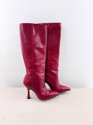 Stuart Weitzman Parton Textured Leather Knee High Heeled Boots Red Women's US 6