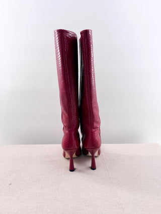 Stuart Weitzman Parton Textured Leather Knee High Heeled Boots Red Women's US 6
