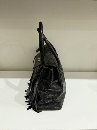 Studio LX Fringe Birkin Snake Black Leather Textured Satchel Handbag