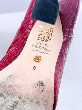Stuart Weitzman Parton Textured Leather Knee High Heeled Boots Red Women's US 6