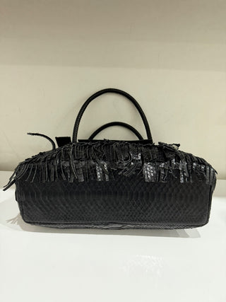 Studio LX Fringe Birkin Snake Black Leather Textured Satchel Handbag