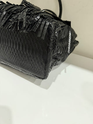 Studio LX Fringe Birkin Snake Black Leather Textured Satchel Handbag