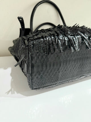 Studio LX Fringe Birkin Snake Black Leather Textured Satchel Handbag