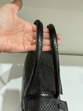 Studio LX Fringe Birkin Snake Black Leather Textured Satchel Handbag