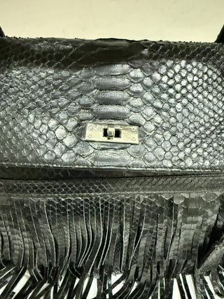 Studio LX Fringe Birkin Snake Black Leather Textured Satchel Handbag