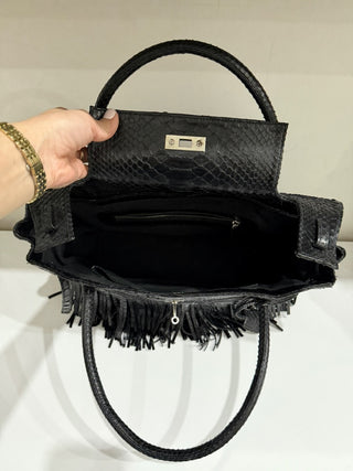 Studio LX Fringe Birkin Snake Black Leather Textured Satchel Handbag
