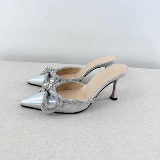 Mach & Mach Iridescent  Crystal-Embellished Double Bow Mules Silver Women's 37