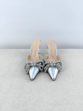 Mach & Mach Iridescent  Crystal-Embellished Double Bow Mules Silver Women's 37