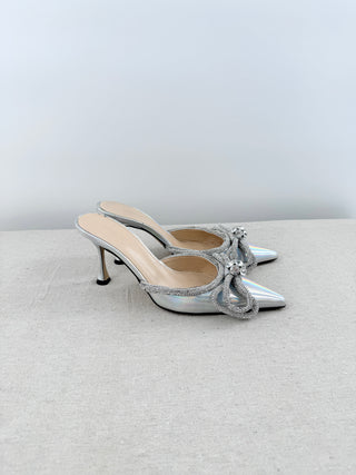 Mach & Mach Iridescent  Crystal-Embellished Double Bow Mules Silver Women's 37