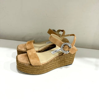 Jimmy Choo Mirabelle 70 Crystal Suede Espadrille Wedge Sandals Beige EU 37.5