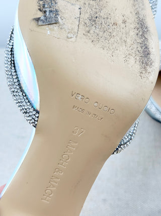 Mach & Mach Iridescent  Crystal-Embellished Double Bow Mules Silver Women's 37