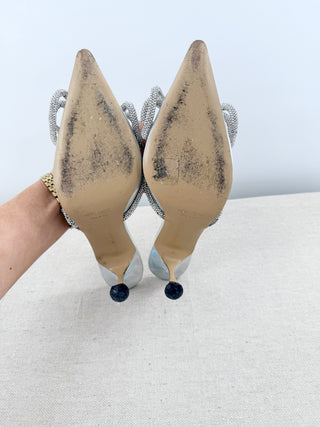 Mach & Mach Iridescent  Crystal-Embellished Double Bow Mules Silver Women's 37