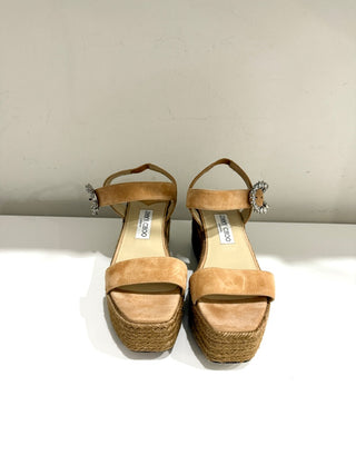 Jimmy Choo Mirabelle 70 Crystal Suede Espadrille Wedge Sandals Beige EU 37.5