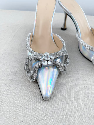 Mach & Mach Iridescent  Crystal-Embellished Double Bow Mules Silver Women's 37
