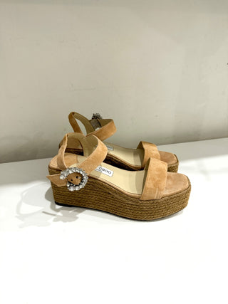 Jimmy Choo Mirabelle 70 Crystal Suede Espadrille Wedge Sandals Beige EU 37.5