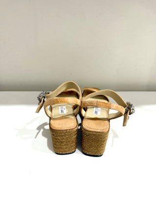 Jimmy Choo Mirabelle 70 Crystal Suede Espadrille Wedge Sandals Beige EU 37.5