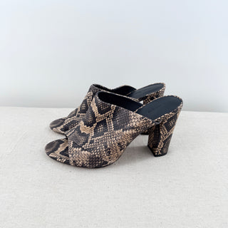 Vince Heath Leather Snakeprint Cross Strap Block Heel Mules Brown Women's EU 40
