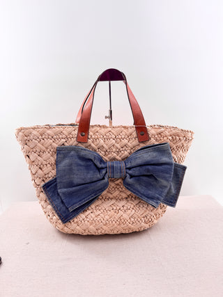 RED Valentino raffia large tote with denim bow