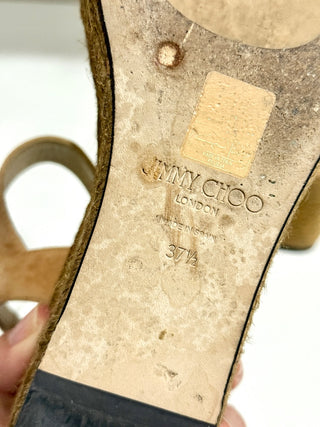 Jimmy Choo Mirabelle 70 Crystal Suede Espadrille Wedge Sandals Beige EU 37.5