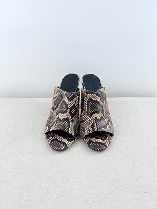 Vince Heath Leather Snakeprint Cross Strap Block Heel Mules Brown Women's EU 40